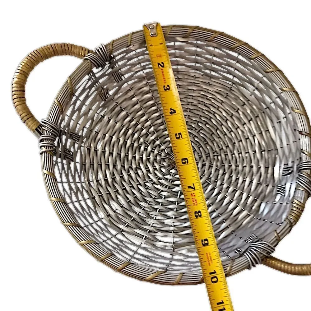 Vintage Woven Metal Wire Basket Tray Handles Silver Tone Rustic Farmhouse Tuscan